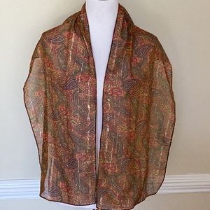 13.5”x 59” oblong paisley scarf in orangegreengolds with silver accent